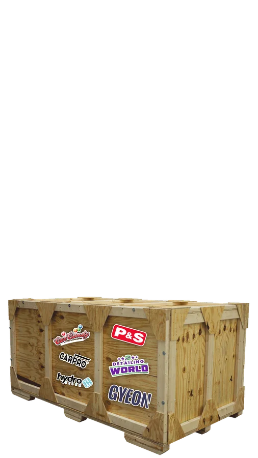 Detailing World crate with brand stickers