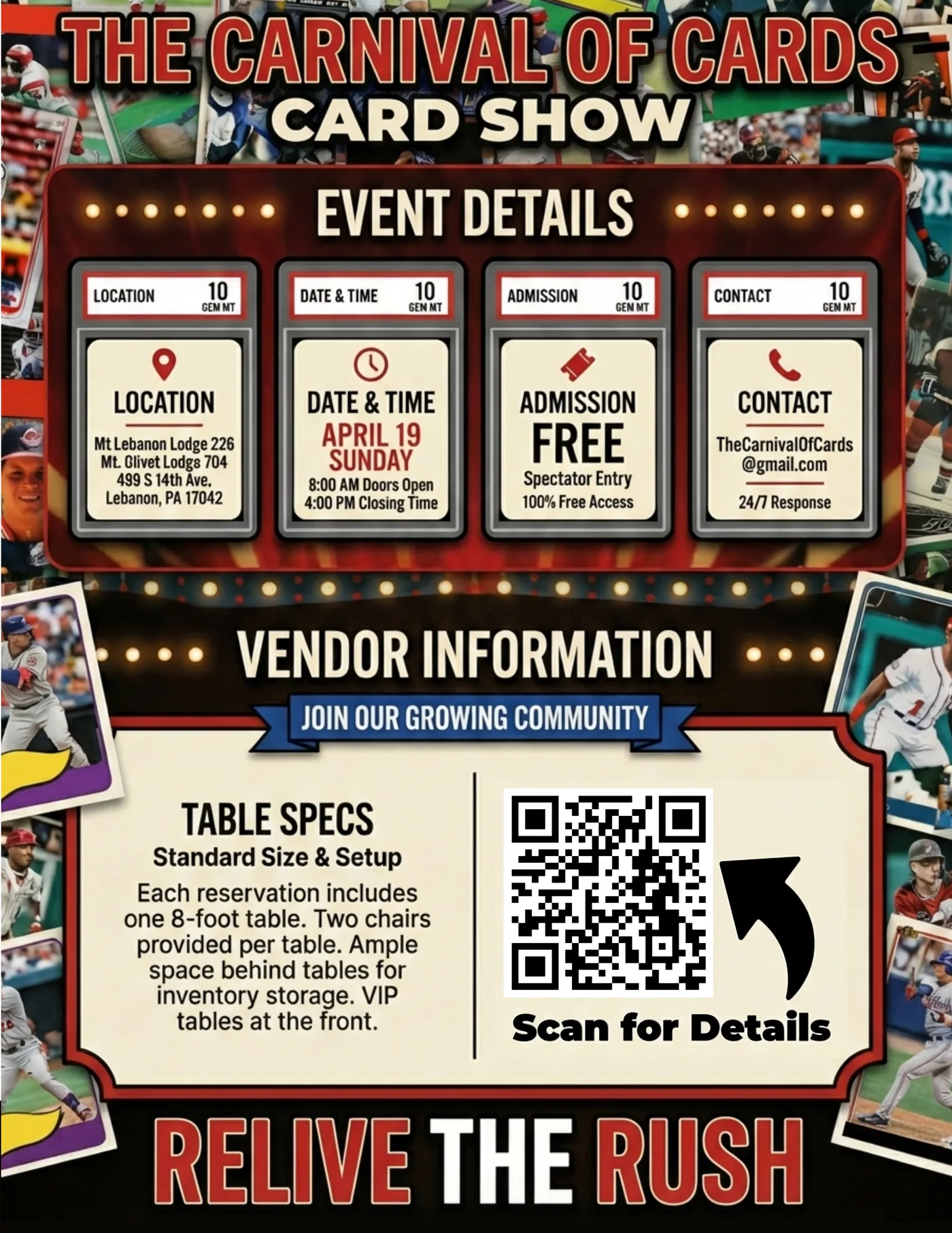 Show #1 flyer: event details in graded card slabs over a collage of baseball cards