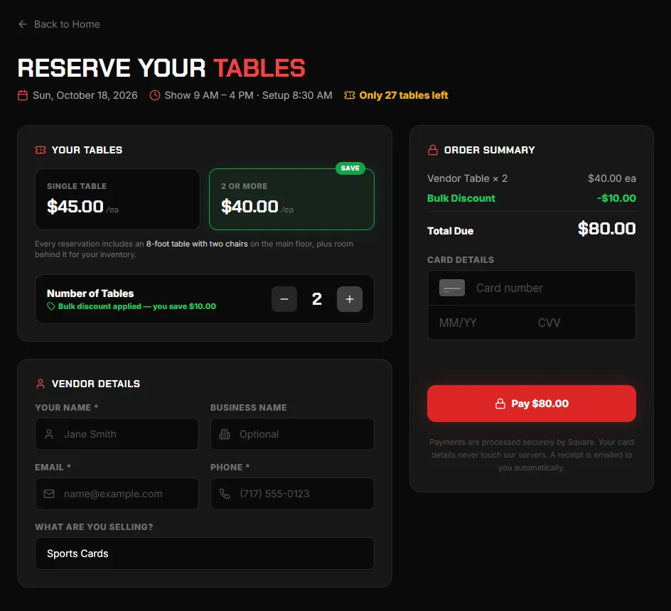 Checkout with two tables: bulk discount applied, total $80