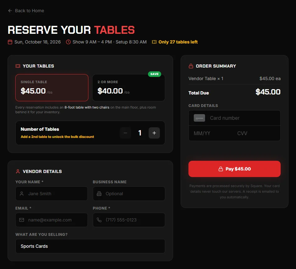 Reserve your tables: table picker, vendor details, order summary and card form