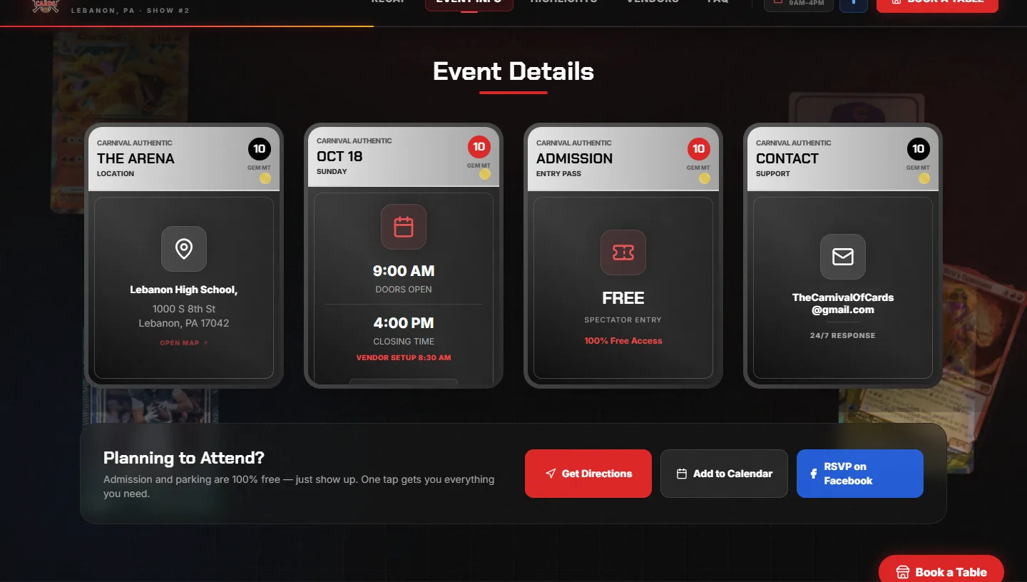 Website event details section with four graded slabs
