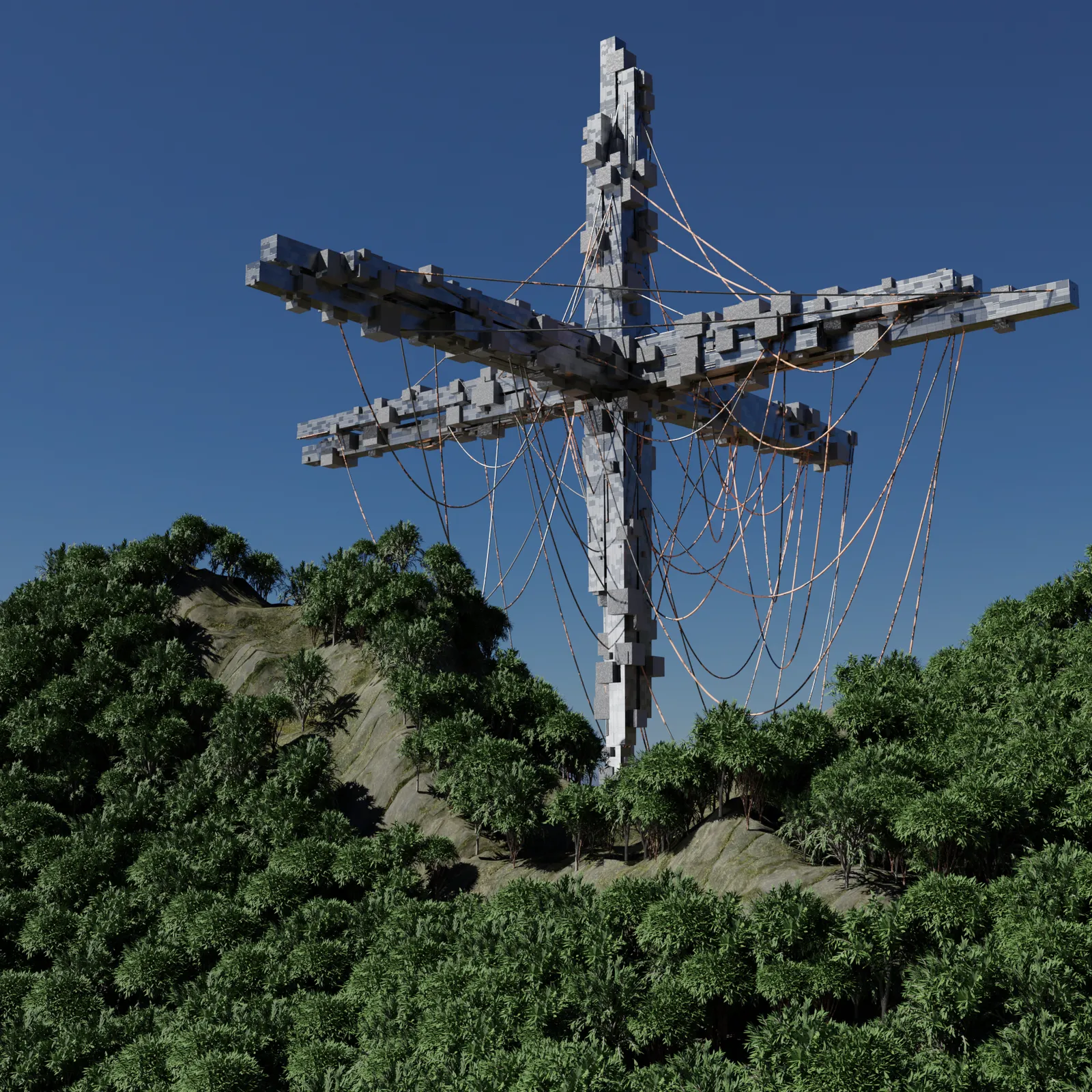 Skytree: a ruined tower in a forest, 3D render