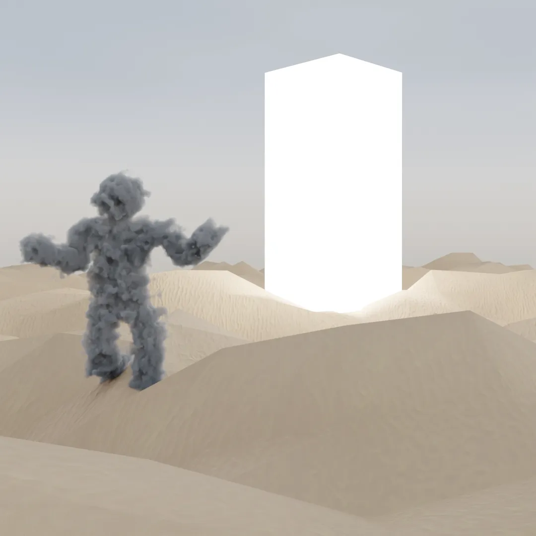 A cloud figure walks toward a glowing monolith in the desert