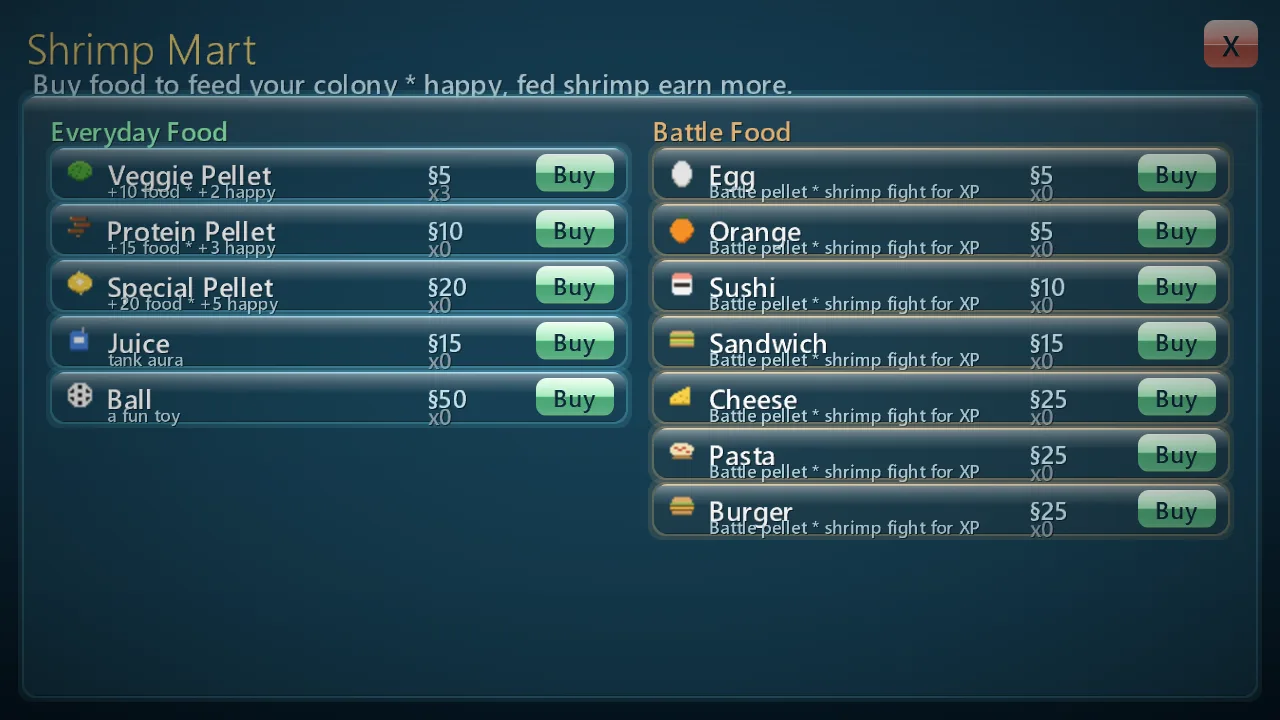 Shrimp Town Idle: the Shrimp Mart screen