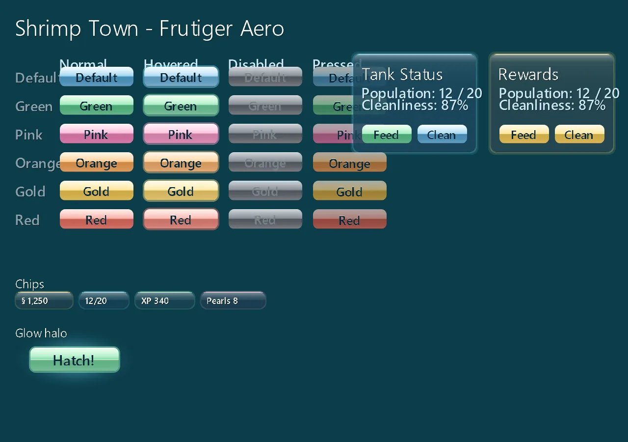 Shrimp Town Idle Frutiger Aero UI kit: glossy buttons in six colors and four states